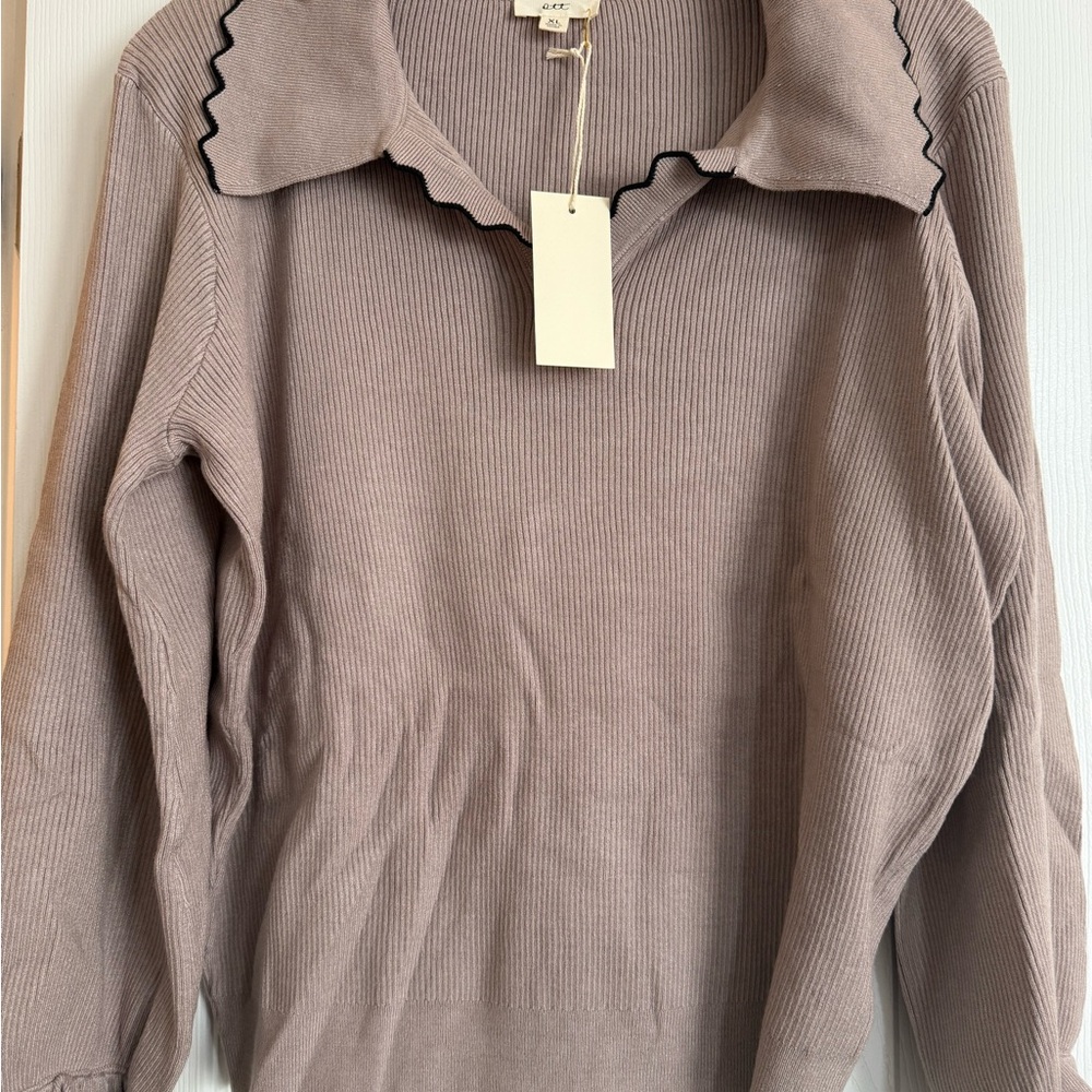 Elegant Tan Sweater with Scalloped Collar